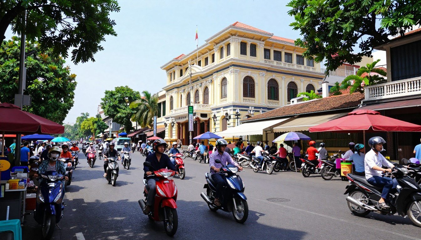 Vibrant street scene in Ho Chi Minh City with motorbikes and colorful buildings