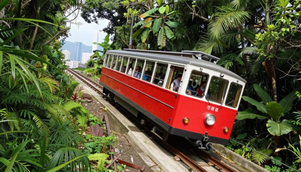 Victoria Peak tram ascending through lush greenery with Hong Kong city views