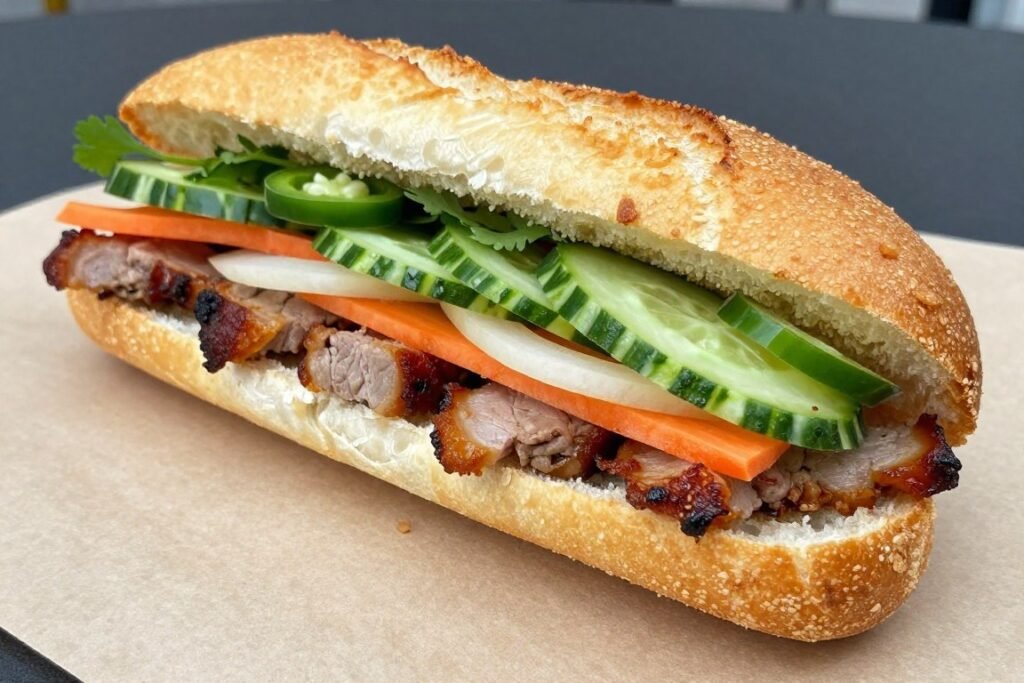 Vietnamese banh mi sandwich with grilled pork and pickled vegetables