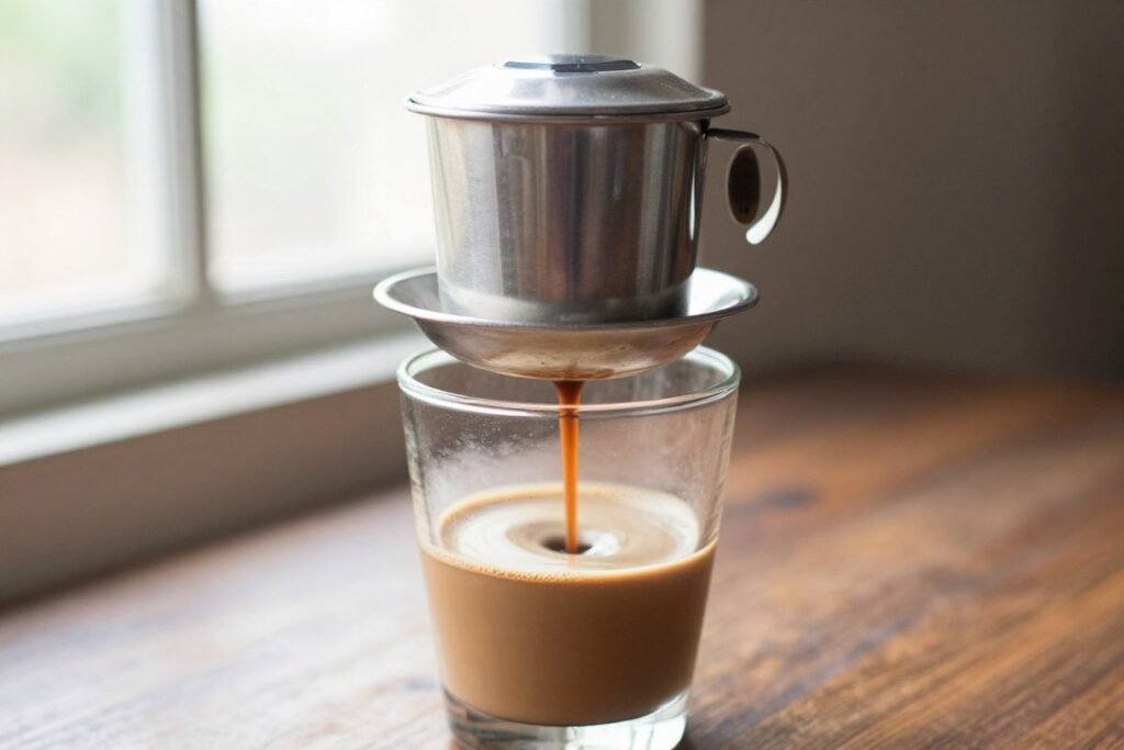 Vietnamese coffee in traditional phin filter