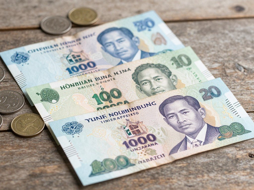 Vietnamese dong currency notes and coins on a wooden table