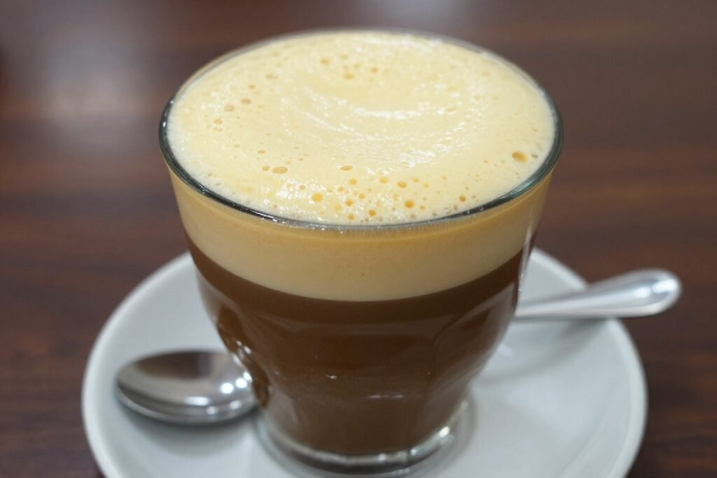 Vietnamese egg coffee in glass cup showing creamy egg foam layer