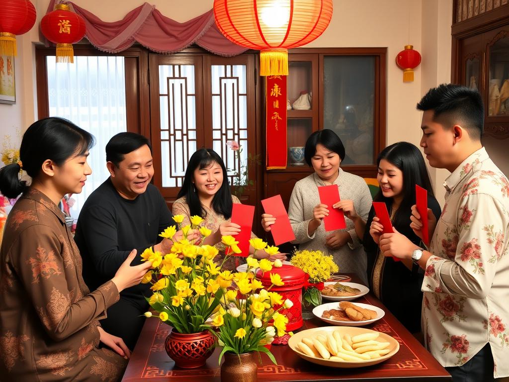 Vietnamese family celebrating Tet with traditional decorations and food - Vietnam Travel Guide