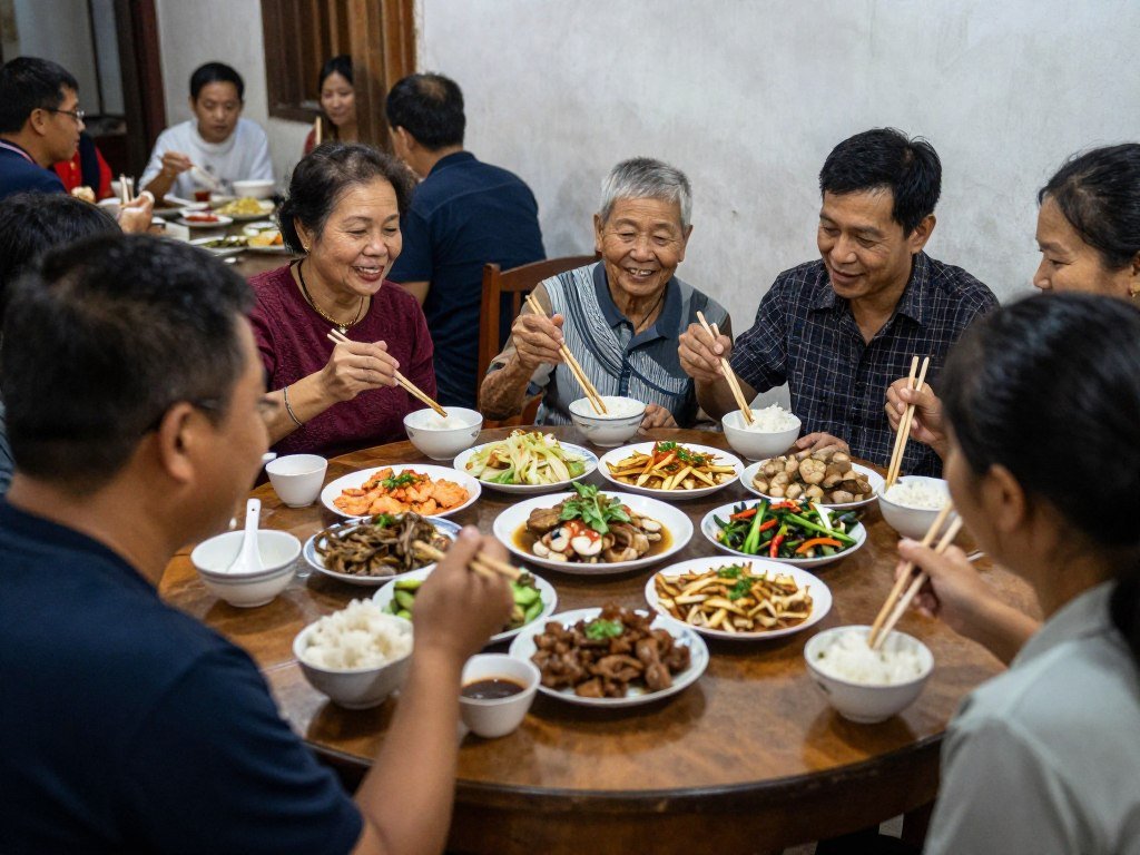 Vietnamese family eating meal together at traditional restaurant
