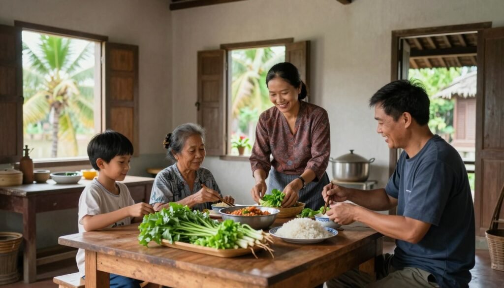 Vietnamese family preparing traditional meal in rustic Mekong Delta kitchen with fresh local produce Vietnamese family preparing traditional meal in rustic Mekong Delta kitchen with fresh local produce