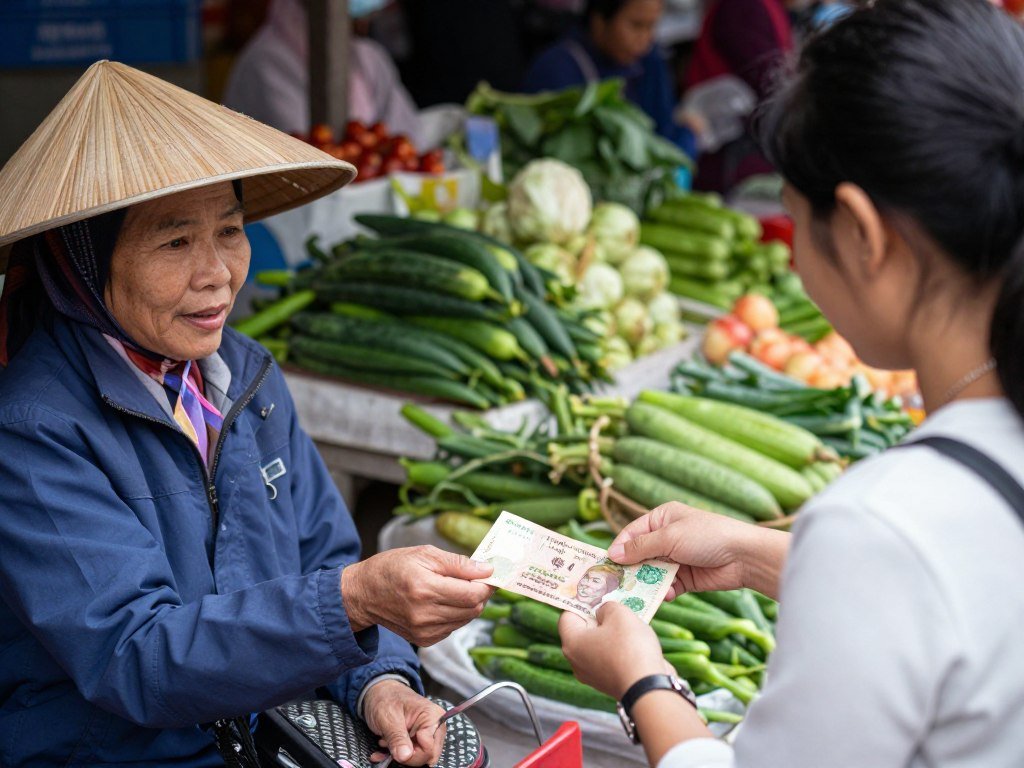 Vietnamese market vendor exchanging money with customer
