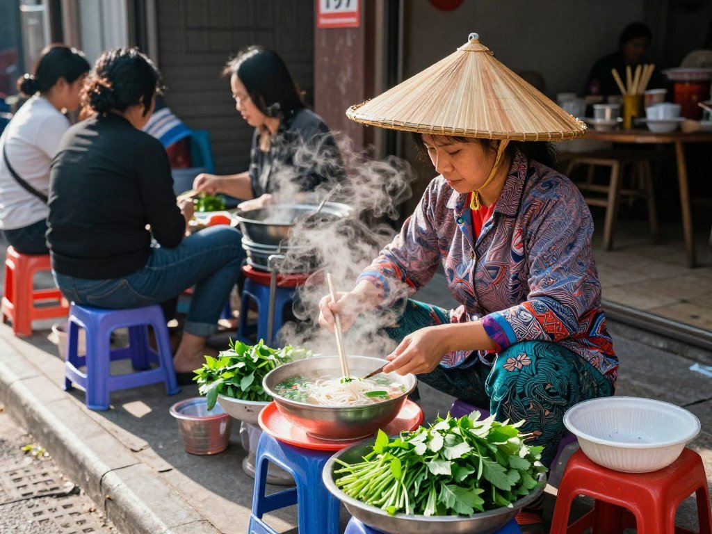 Vietnamese street food vendor preparing pho soup
