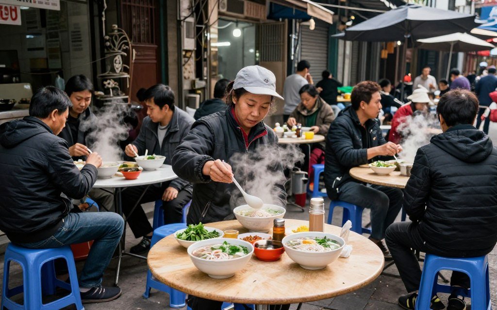 Vietnamese street food vendor serving pho noodle soup at small plastic tables