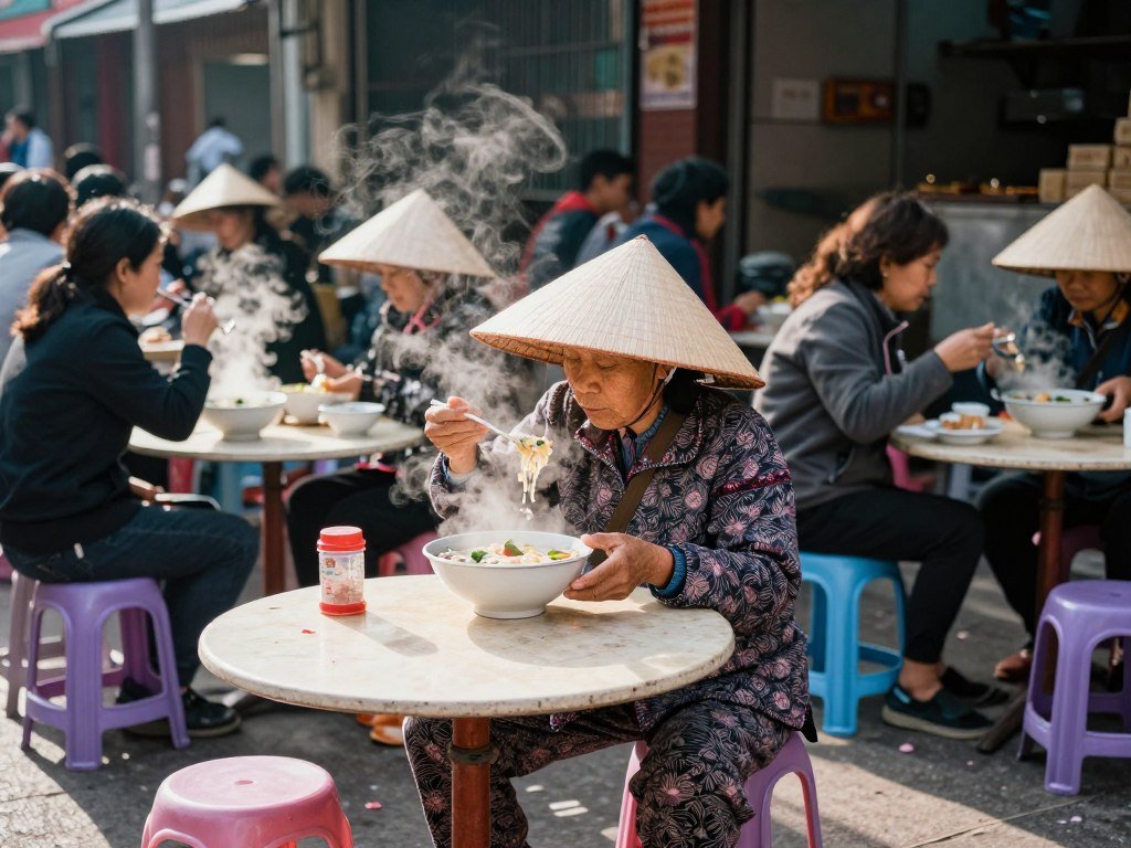 Vietnamese street food vendor serving traditional pho to local customers in Hanoi