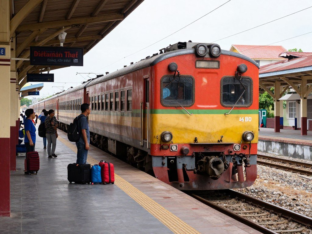 Vietnamese train arriving at Phan Thiet railway station