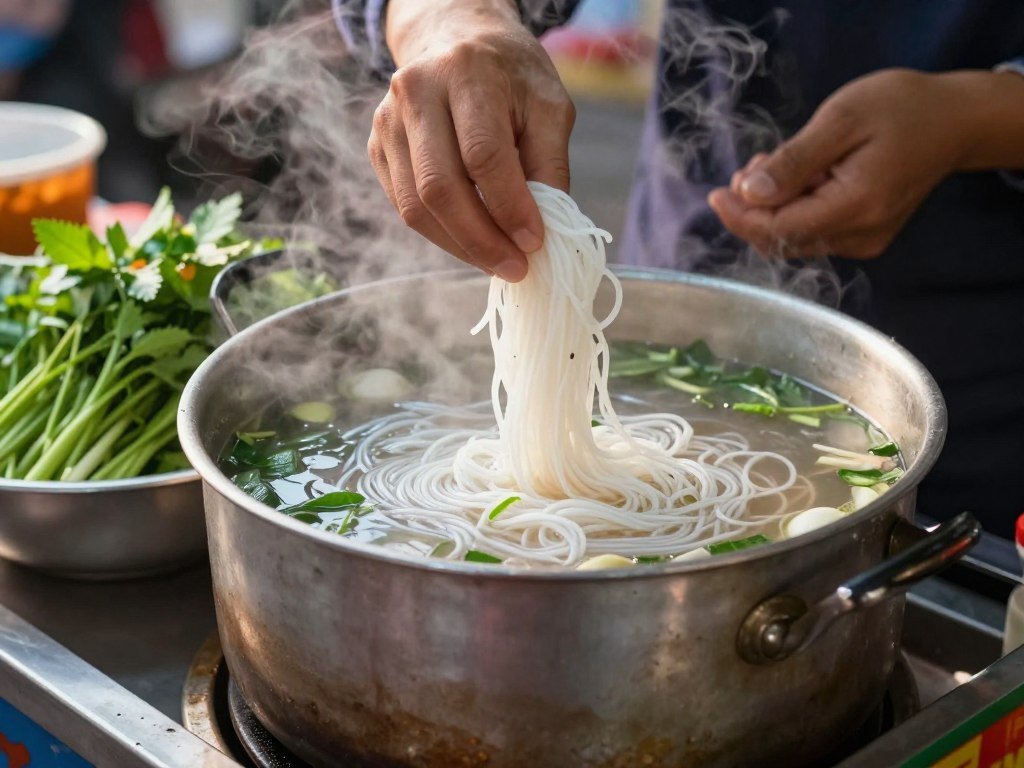 Vietnamese woman cooking fresh pho noodle soup at street food stall