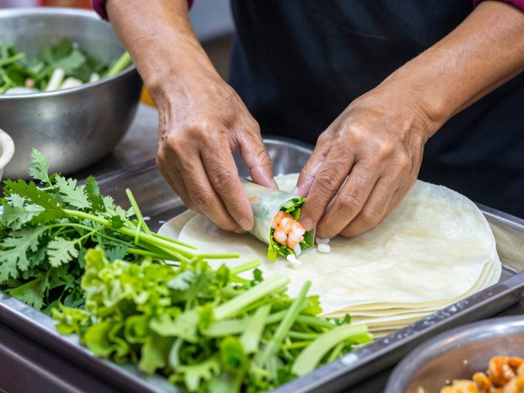 Vietnamese woman making fresh spring rolls at market