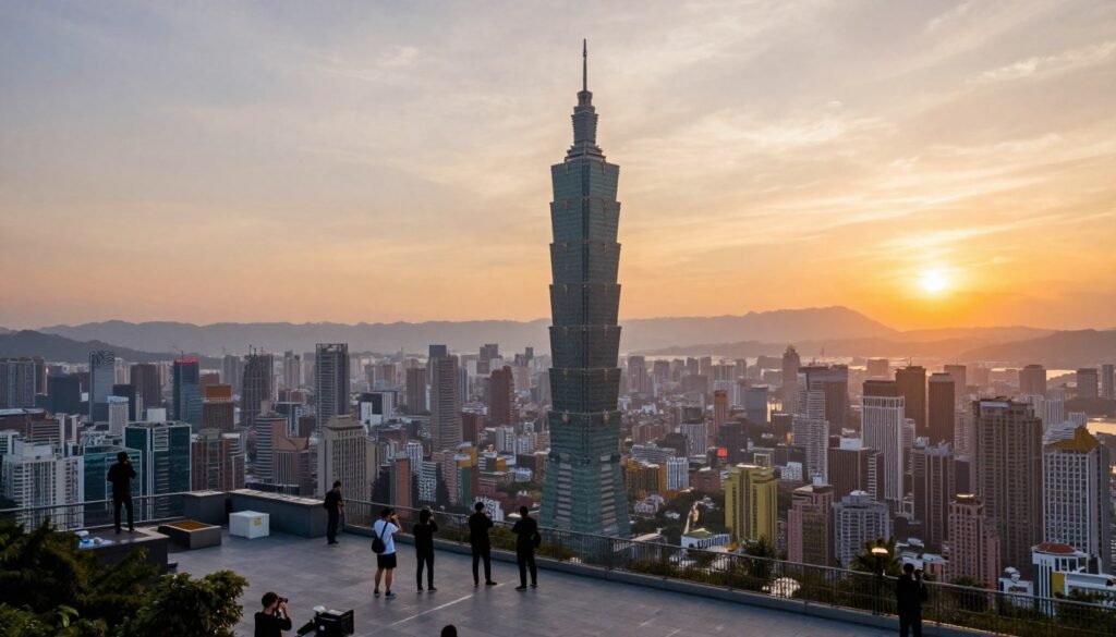 View of Taipei 101 from Elephant Mountain hiking trail at sunset View of Taipei 101 from Elephant Mountain hiking trail at sunset