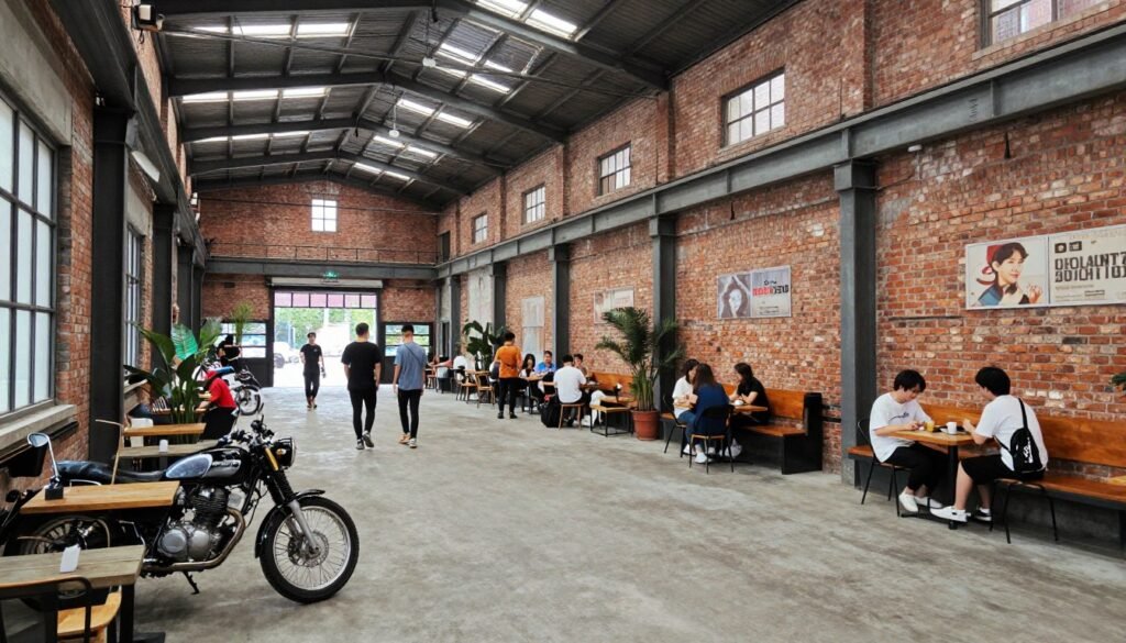 Vintage warehouse converted to creative community space with art studios and cafes