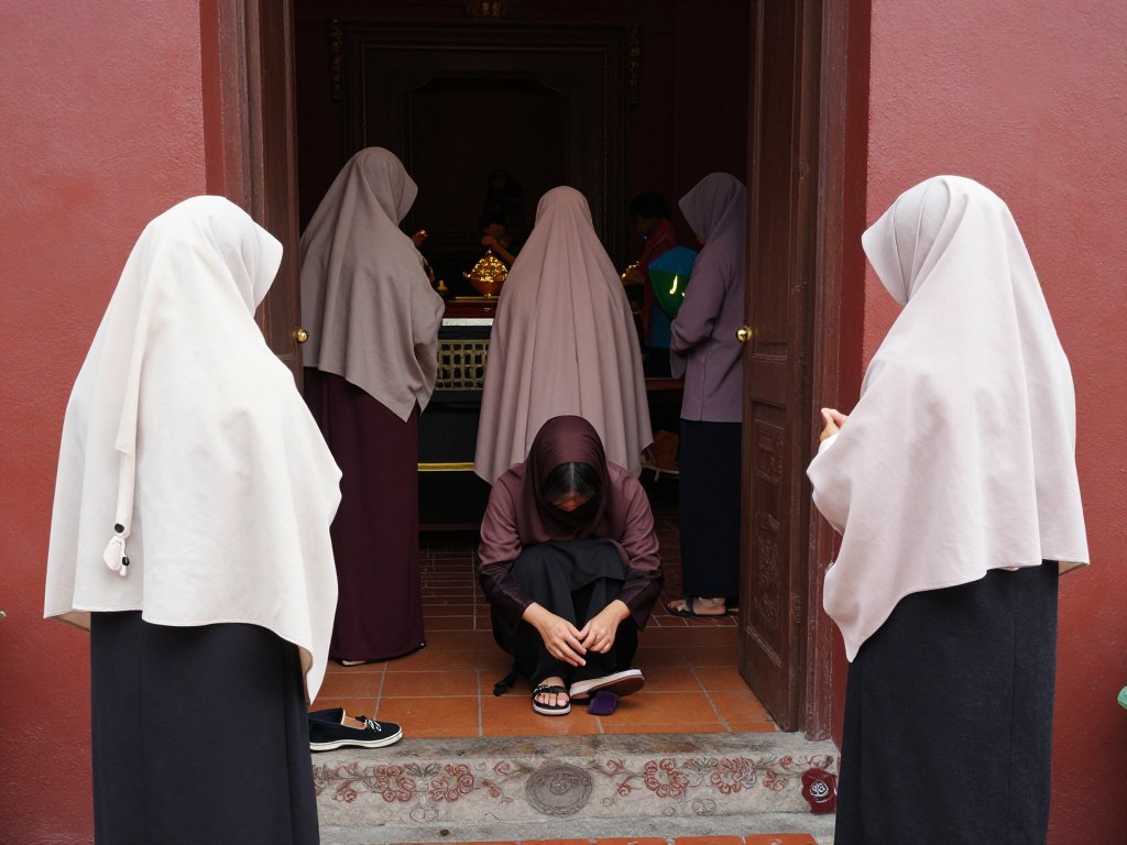 Visitors respectfully viewing temple in Malacca with modest clothing