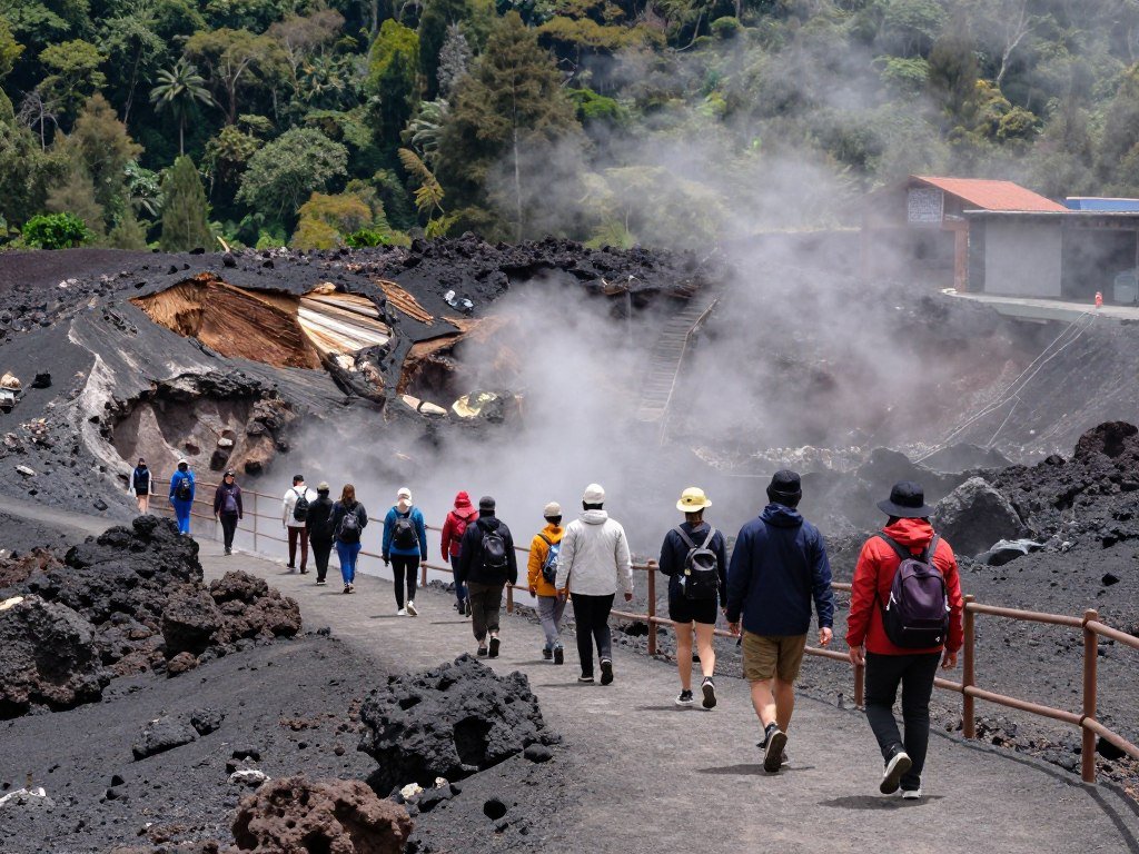 Visitors walking near Tangkuban Perahu crater rim with steam