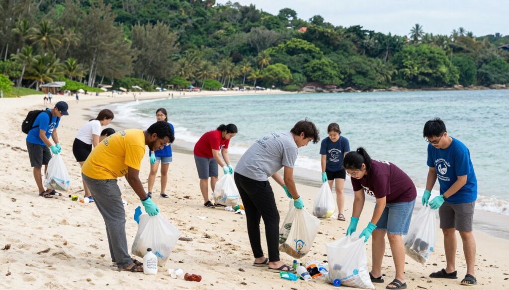 Volunteers cleaning beach in Phuket collecting plastic waste
