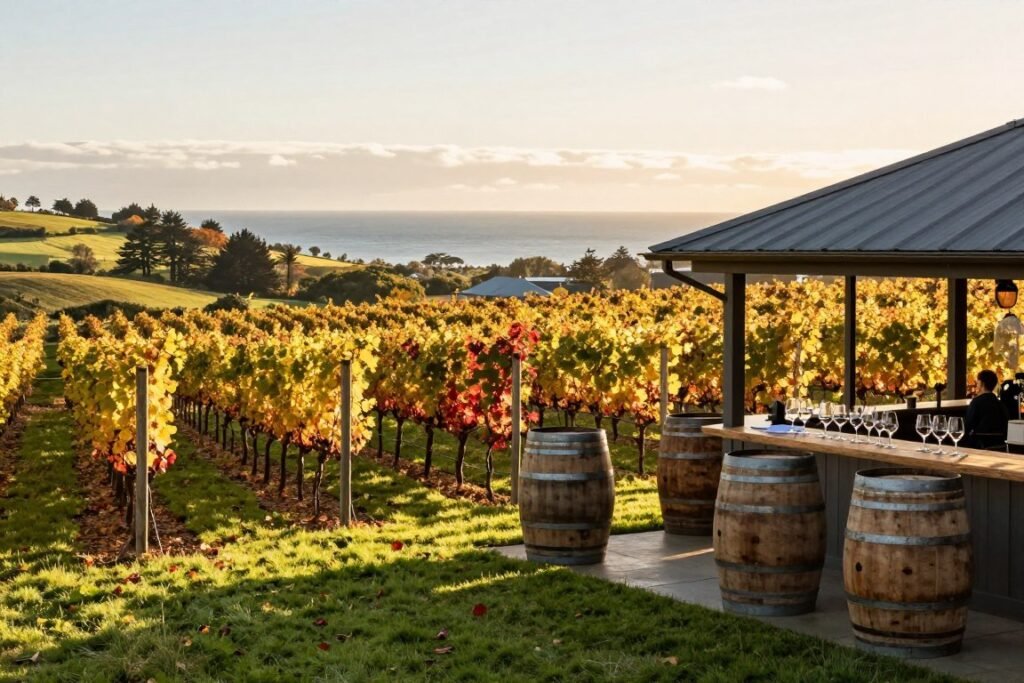 Waiheke Island vineyard in autumn with golden vines