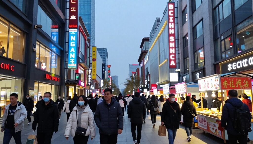 Wangfujing Street pedestrian shopping area with crowds and neon signs Wangfujing Street pedestrian shopping area with crowds and neon signs