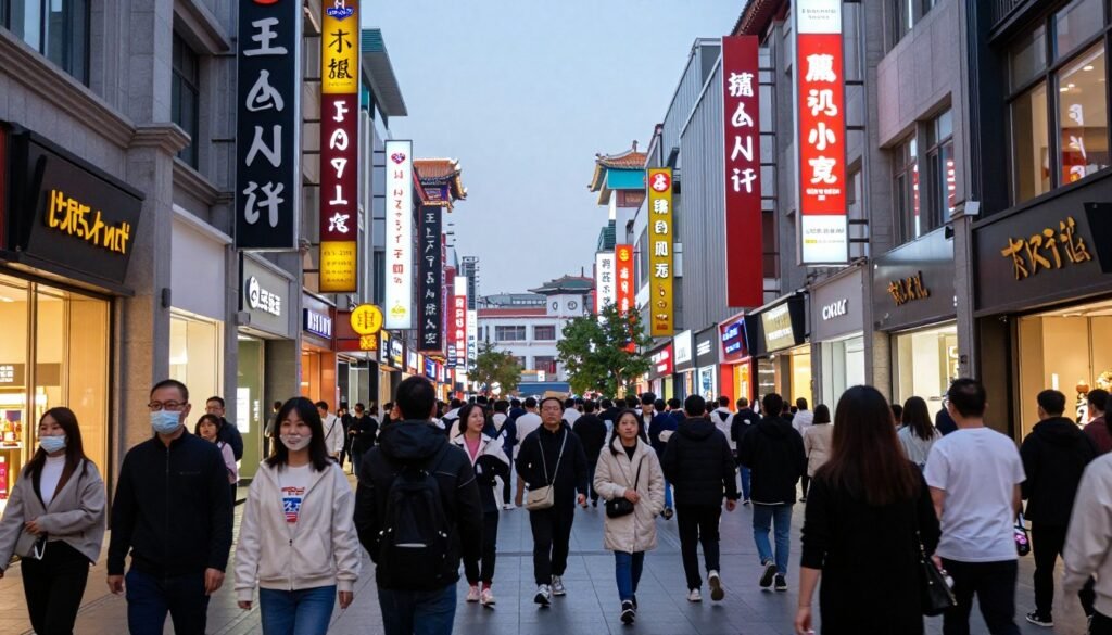 Wangfujing shopping street crowded with pedestrians and stores Wangfujing shopping street crowded with pedestrians and stores
