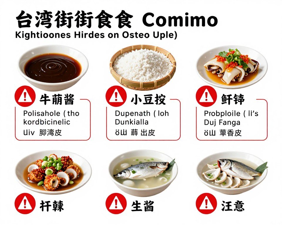 Warning infographic showing problematic Taiwan street food items with hidden ingredients highlighted in red