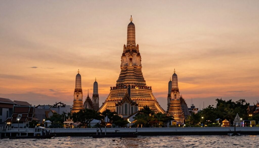 Wat Arun Temple in Bangkok Yai district at sunset