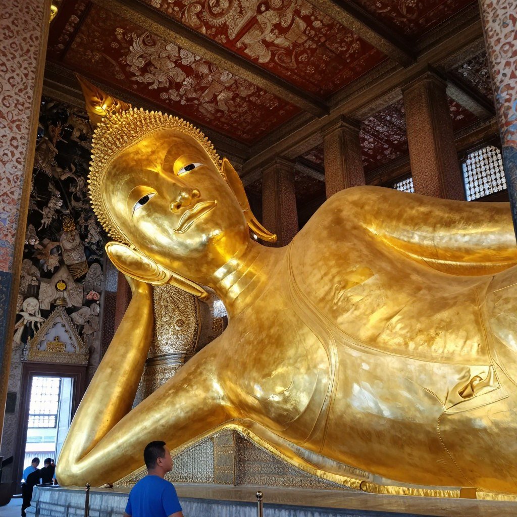 Wat Pho reclining Buddha golden statue in Bangkok temple