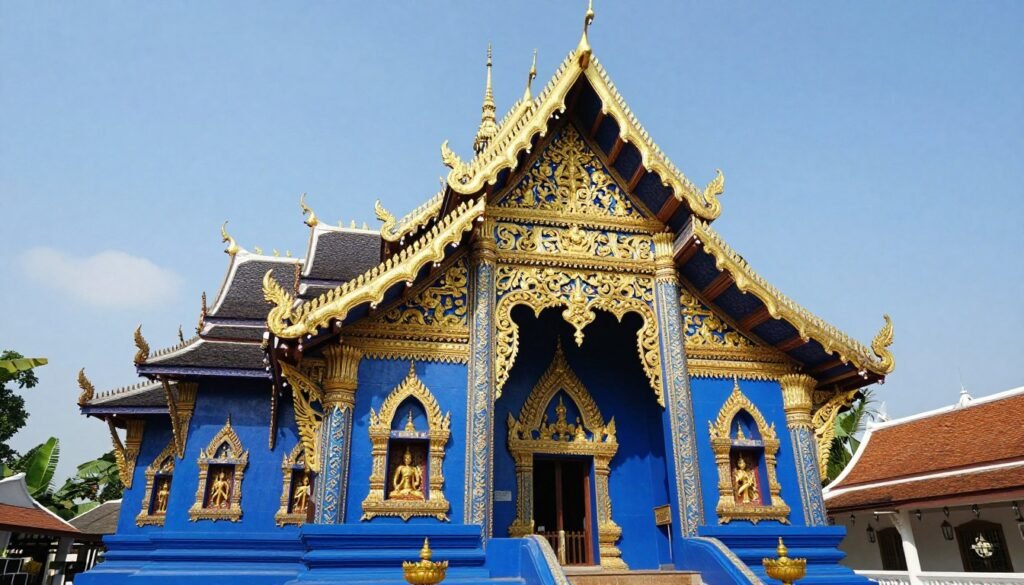 Wat Rong Suea Ten blue temple in Chiang Rai with vibrant blue and gold details