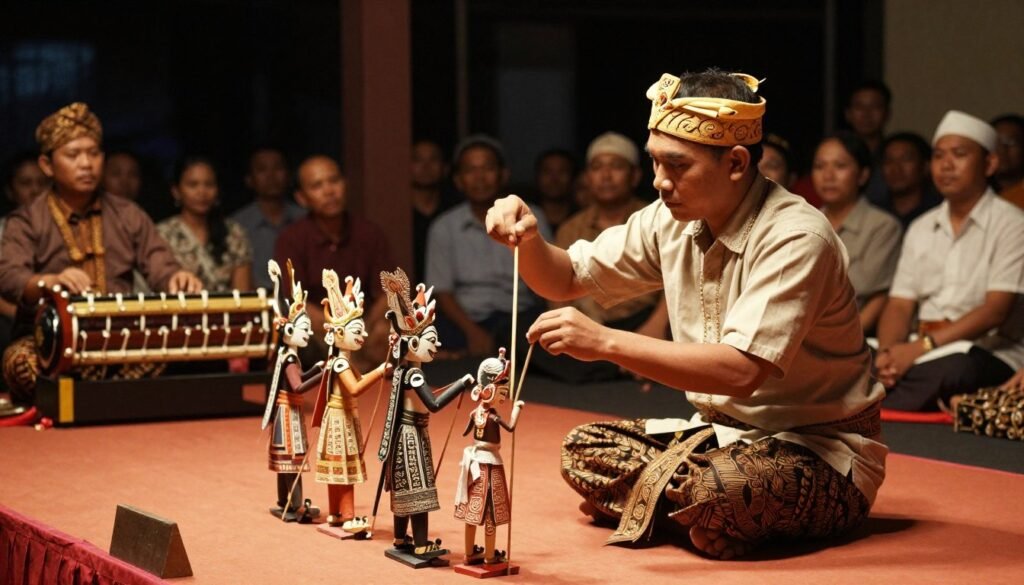 Wayang golek wooden puppet performance with dalang puppeteer