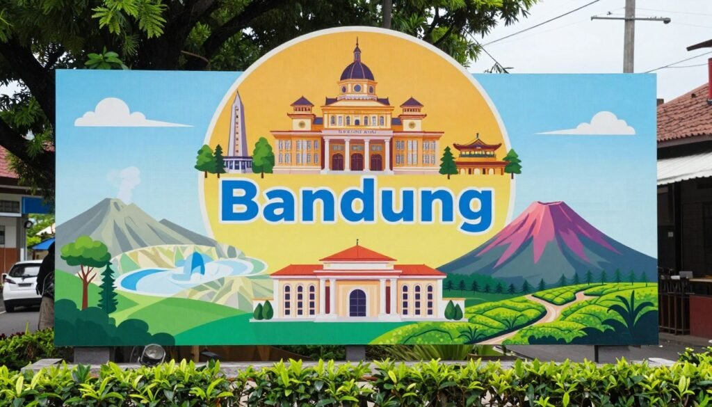 Welcome to Bandung sign with city landmarks and volcano illustrations