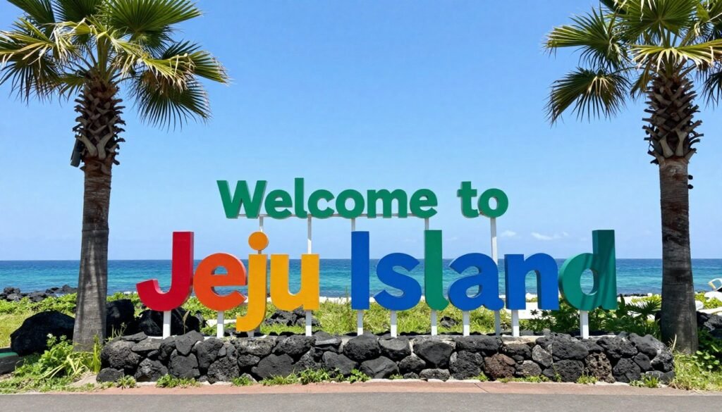 Welcome to Jeju Island sign with palm trees and ocean view