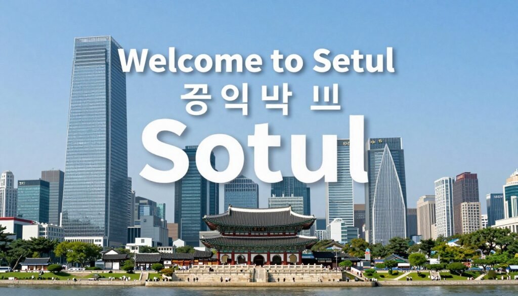 Welcome to Seoul sign with city skyline background