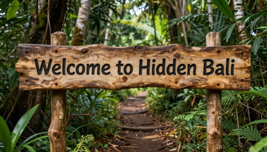 Welcome to hidden Bali sign on jungle trail