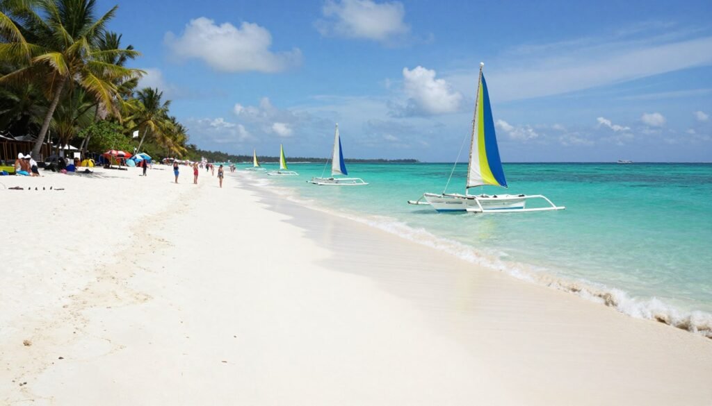 White Beach Boracay with famous powdery white sand and traditional sailboats White Beach Boracay with famous powdery white sand and traditional sailboats