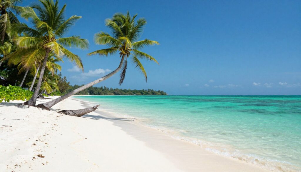 White sand beach with palm trees and clear blue water at tropical Sabah island