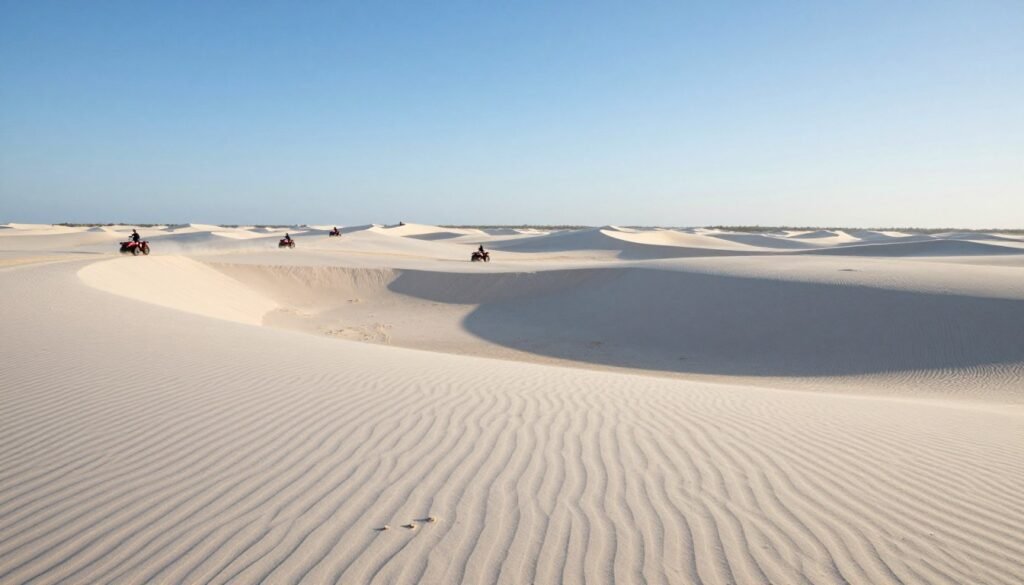 White sand dunes of Mui Ne with people riding ATVs across vast desert landscape