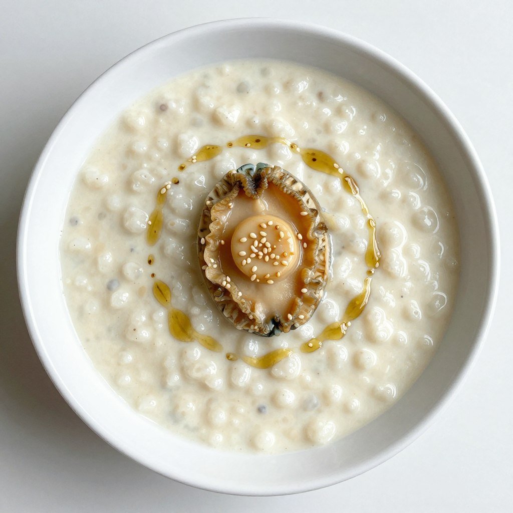 Whole abalone porridge in white bowl