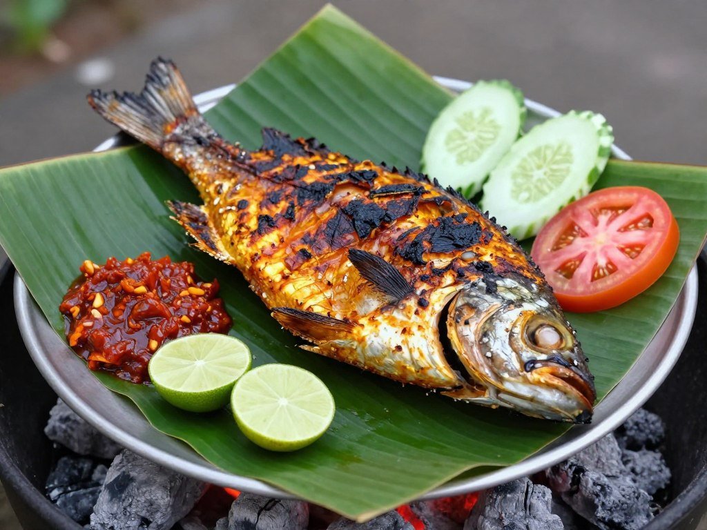 Whole grilled fish ikan bakar with sambal and lime showing Malaysian seafood street food