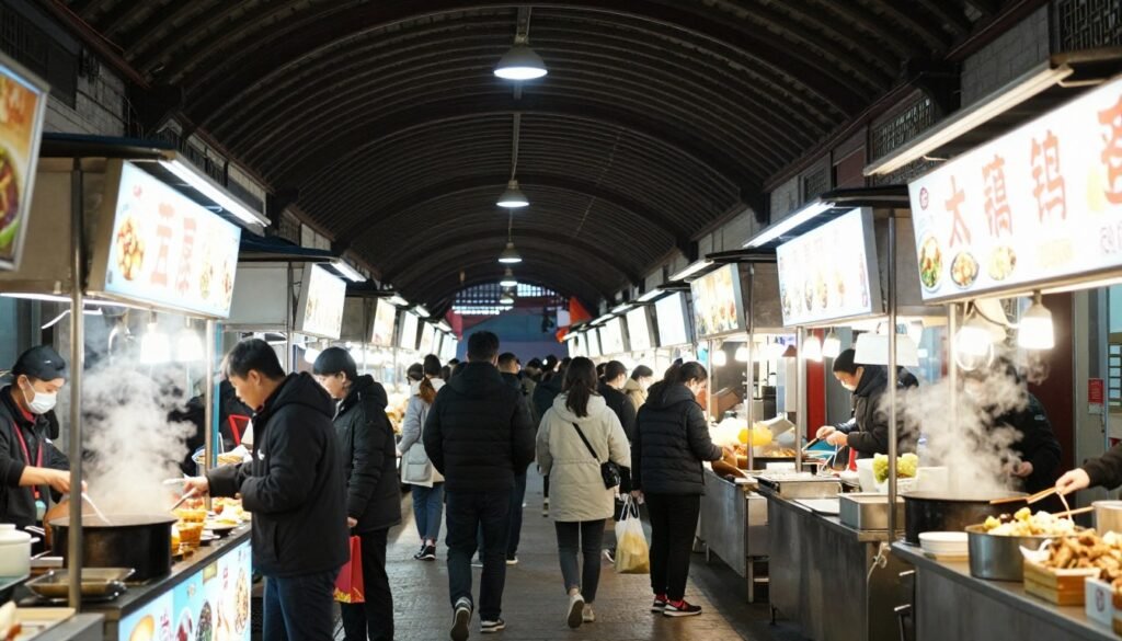 Wide shot of covered night market corridor with food stalls on both sides and moderate crowd