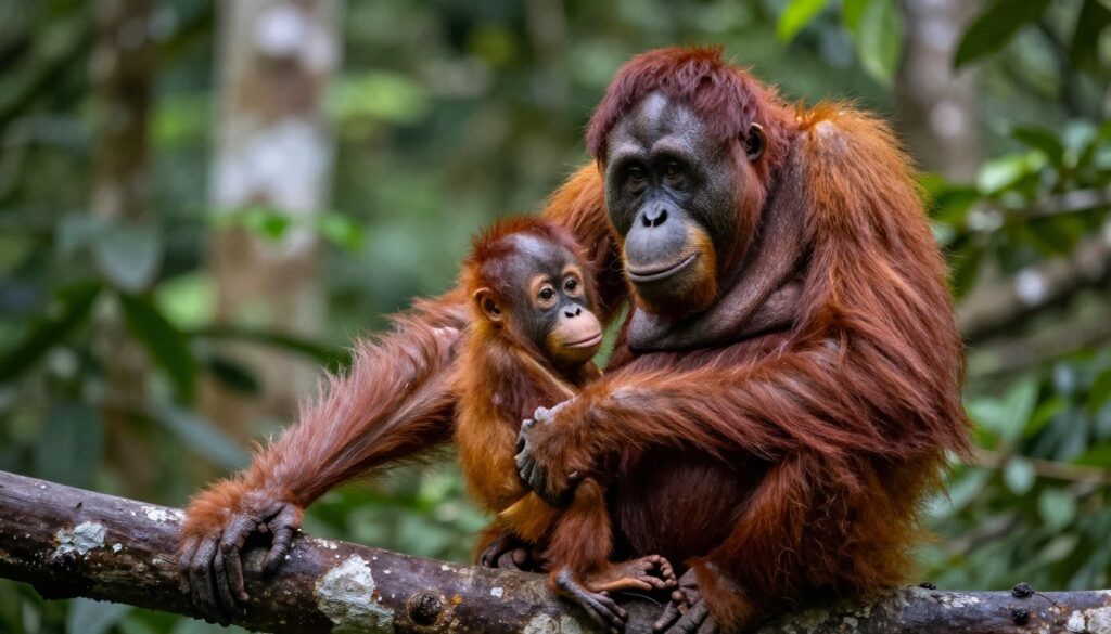 Wild orangutan mother with baby in tree canopy at Sepilok rehabilitation center