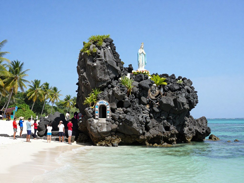 Willy's Rock formation on Boracay beach with shrine and tourists