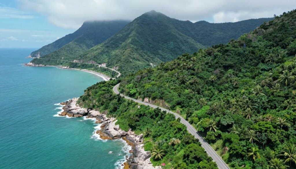 Winding coastal road on Son Tra Peninsula with ocean views and tropical forest