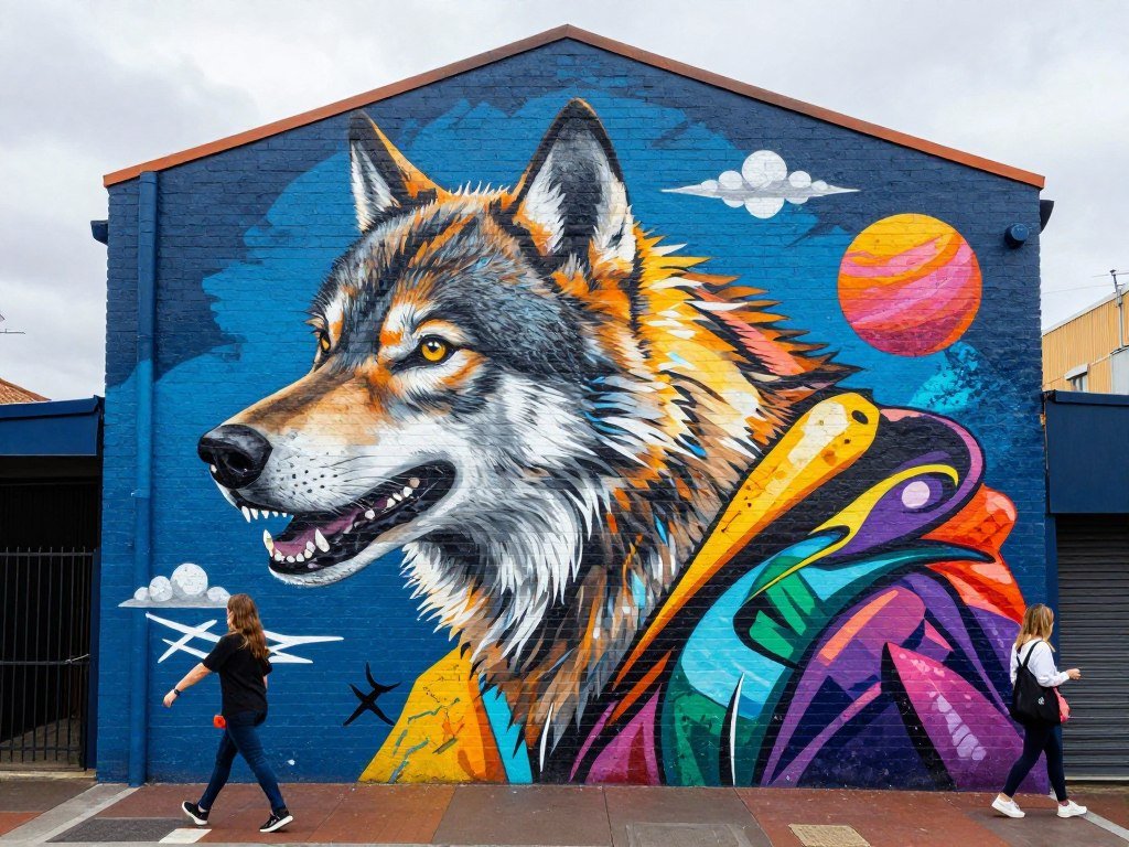 Wolf Lane street art mural with vibrant colors in Perth CBD