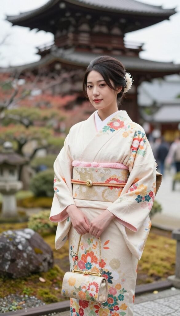 Woman wearing traditional Japanese kimono standing in Kyoto temple garden Woman wearing traditional Japanese kimono standing in Kyoto temple garden
