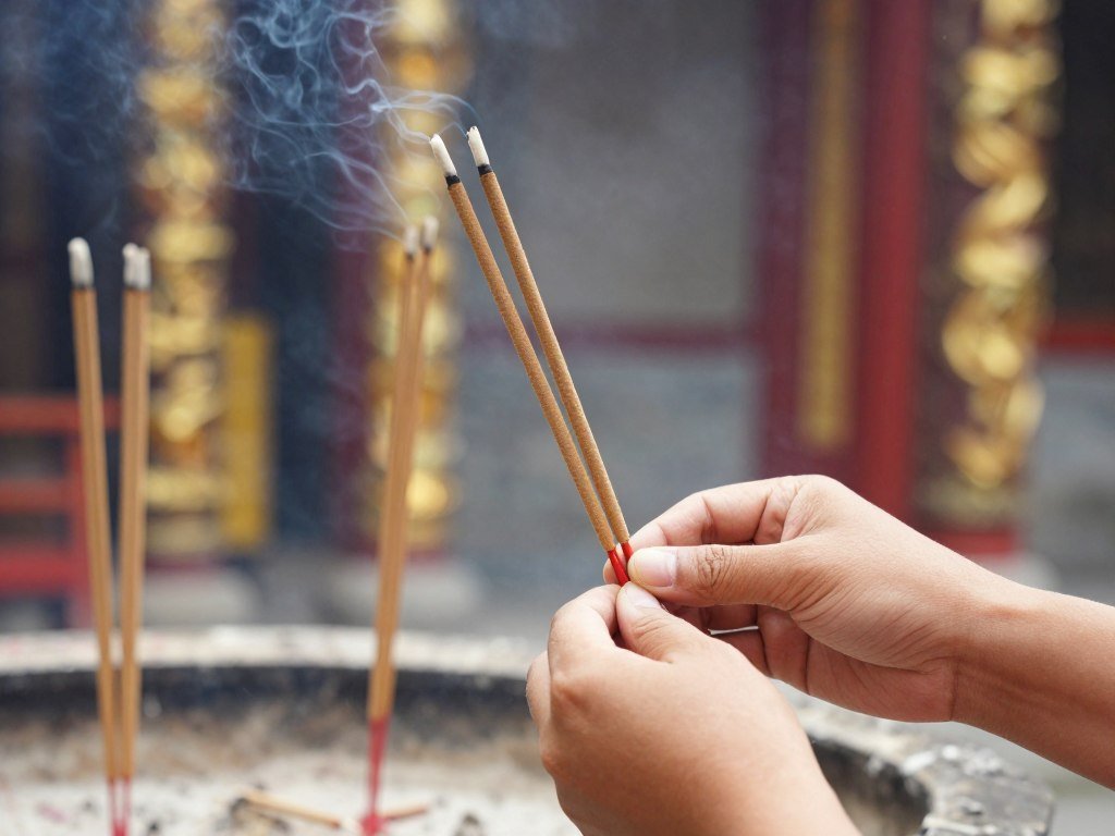 Worshipper lighting incense sticks at temple altar Worshipper lighting incense sticks at temple altar