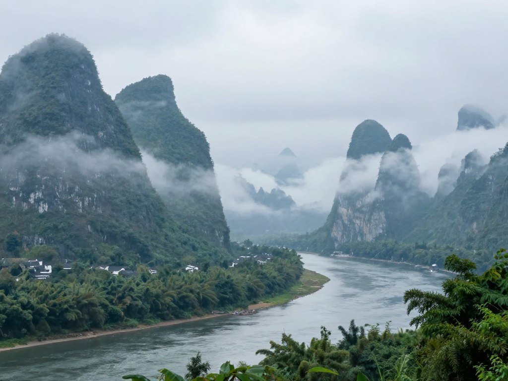 Wu Gorge misty peaks rising above Yangtze River