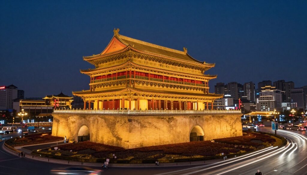 Xi'an Ancient City Wall illuminated at night with modern city skyline