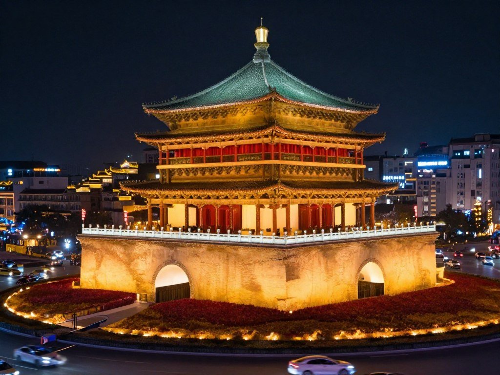 Xi'an Bell Tower illuminated at night in city center