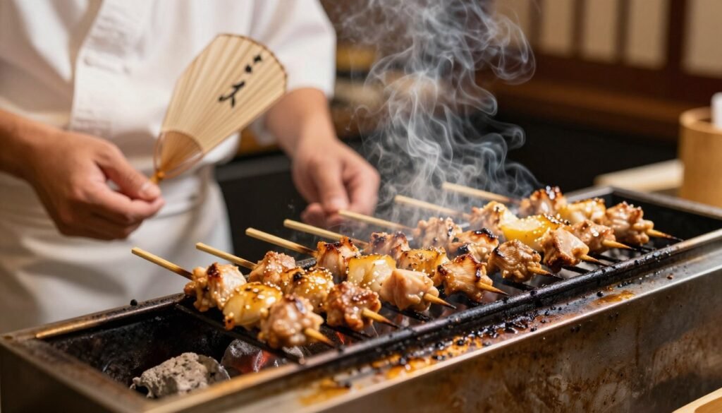 Yakitori skewers grilling over charcoal with smoke