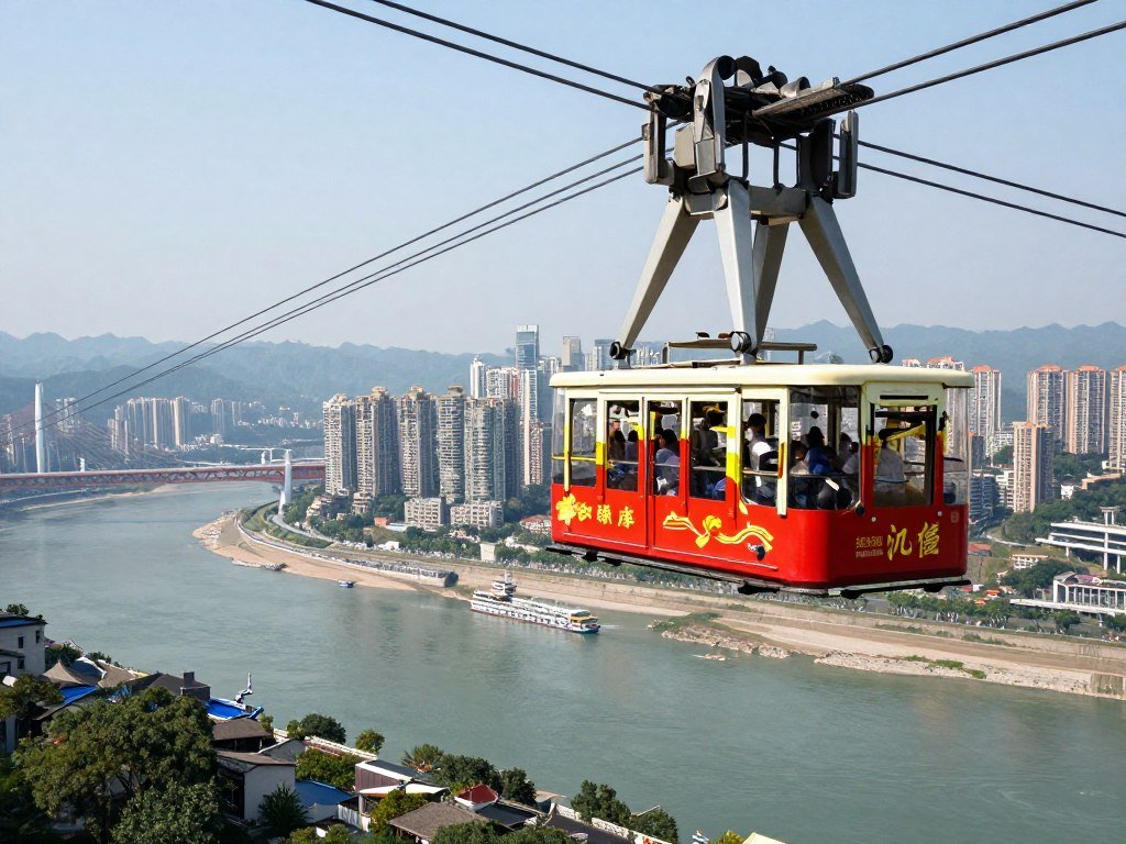 Yangtze River cable car cabin crossing with city views below